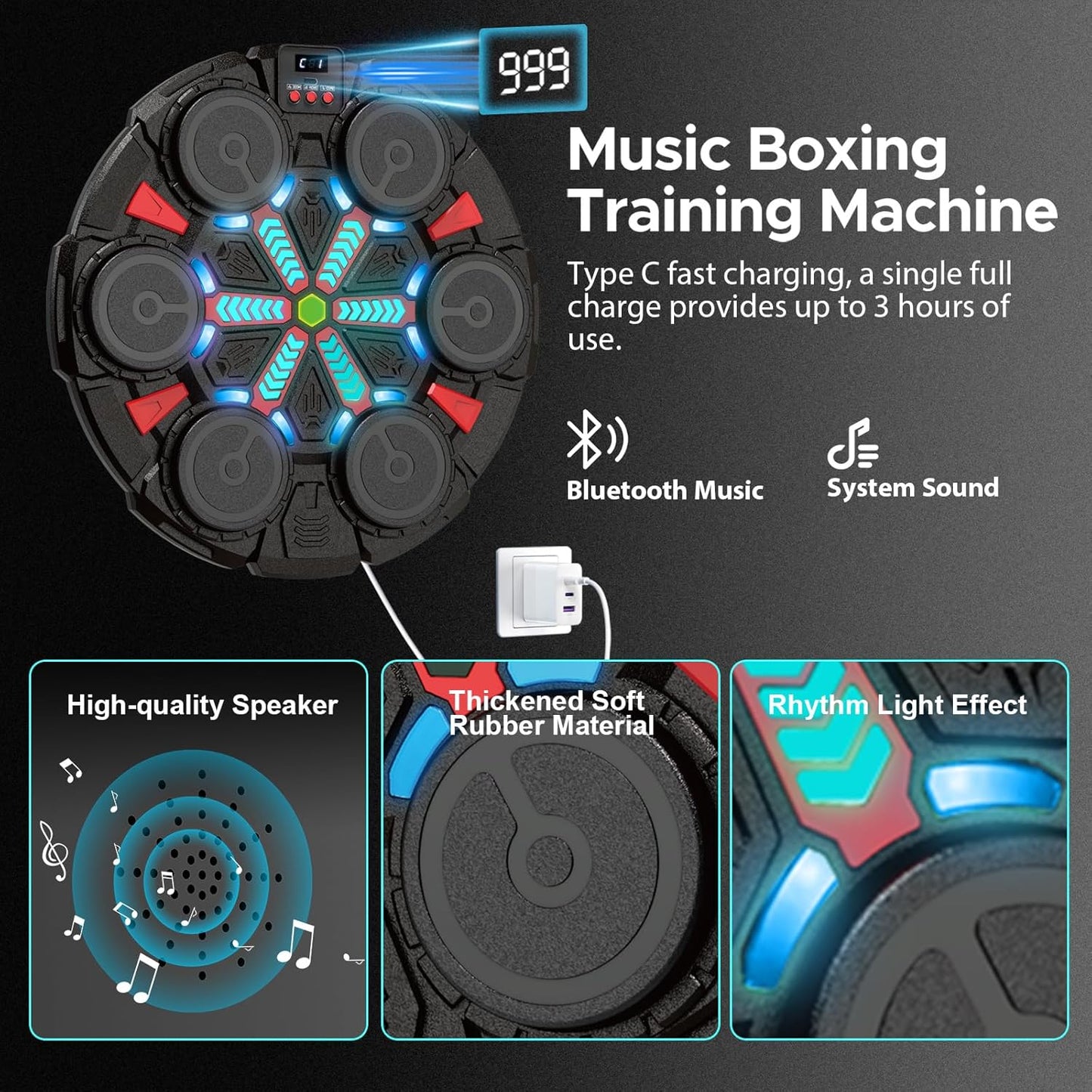 Music Punching Machine for Kids Adults,Bluetooth Wall Mounted Boxing Trainer with Gloves,Rhythm Lights,2 Player Battle Mode,Reaction Training Pad,Home Gym Sport Toys Gifts for Boys Girls Teens 3-12+