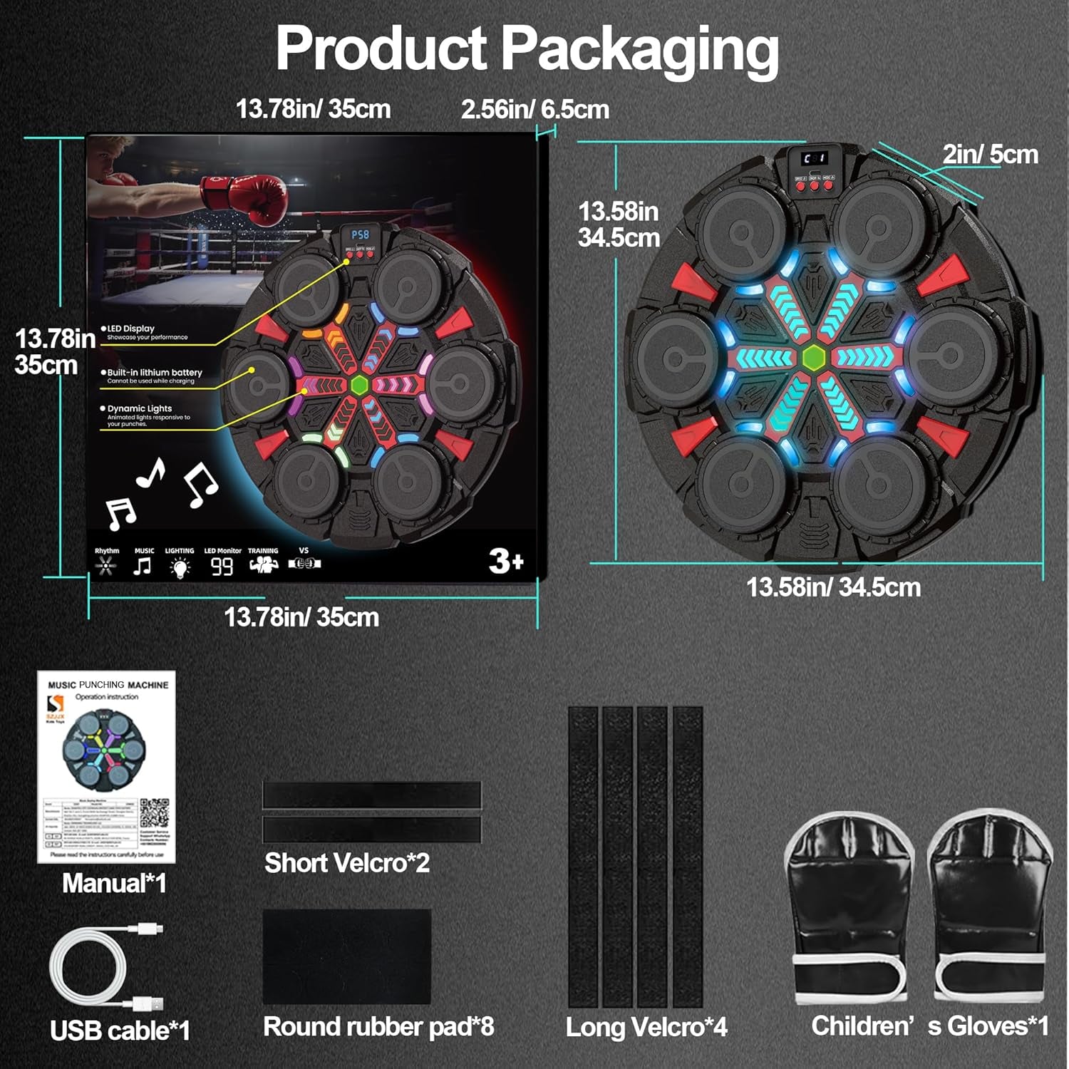 Music Punching Machine for Kids Adults,Bluetooth Wall Mounted Boxing Trainer with Gloves,Rhythm Lights,2 Player Battle Mode,Reaction Training Pad,Home Gym Sport Toys Gifts for Boys Girls Teens 3-12+